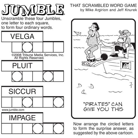 Jumble is a word puzzle with a clue, a drawing illustrating the clue, and a set of words, each of which is jumbled by scrambling its letters. . Jumble answerscom
